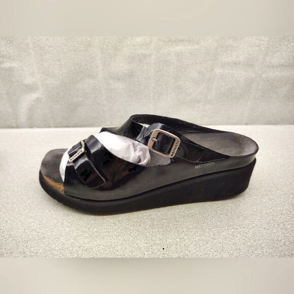 Mephisto Black Patent Strappy Wedge Heel Sandals Sz 9 Shoes - Picture 8 of 16